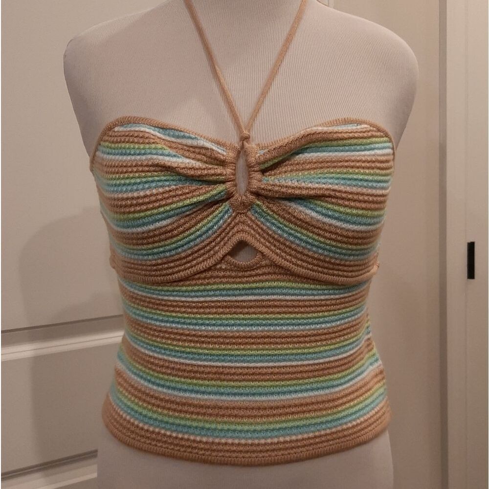 Madden NYC Striped Crochet Halter Top Tie Neck Size S/M
